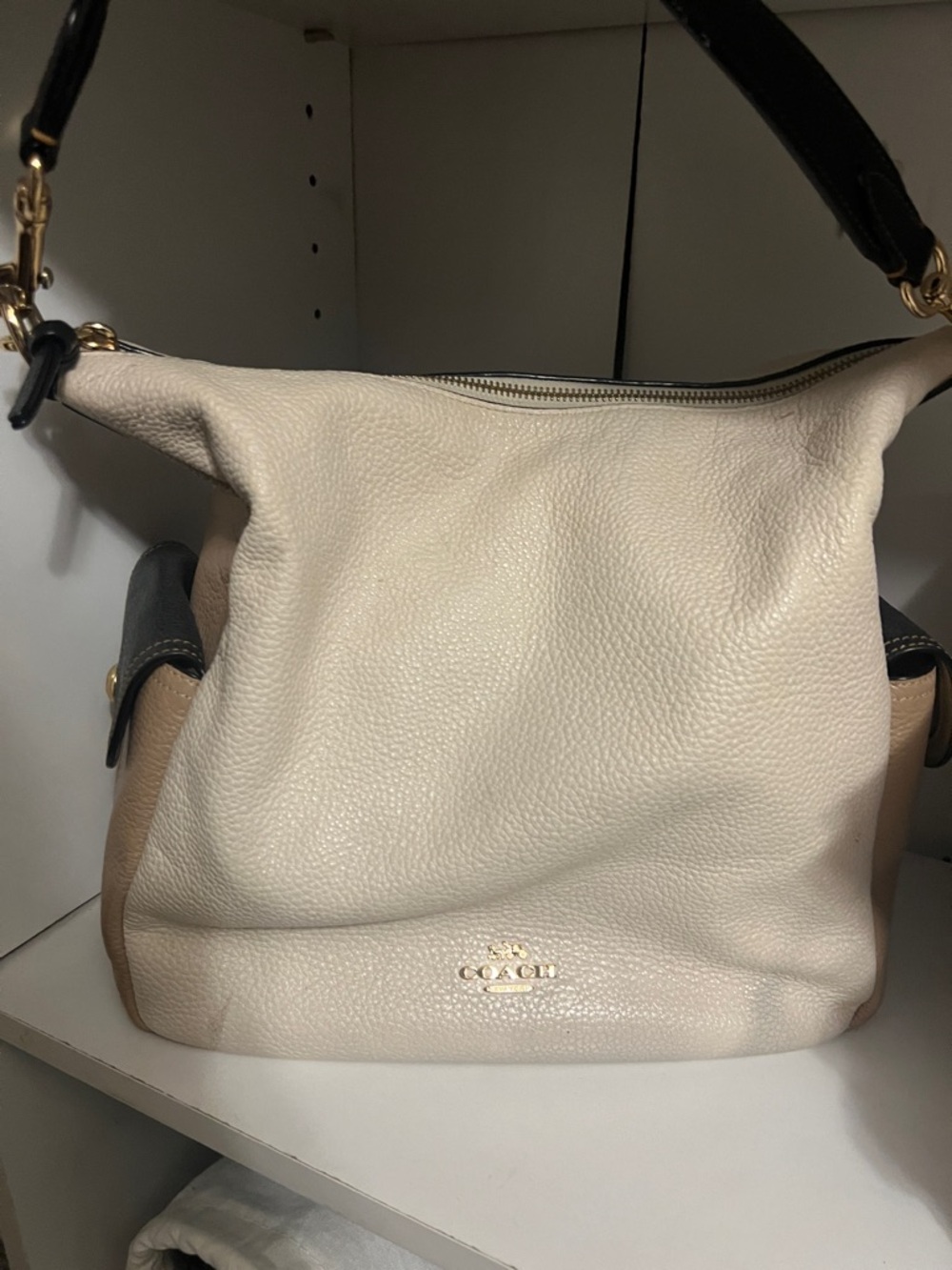 Coach Cream, Tan & Black Pebbled Leather Hobo with Gold Hardware